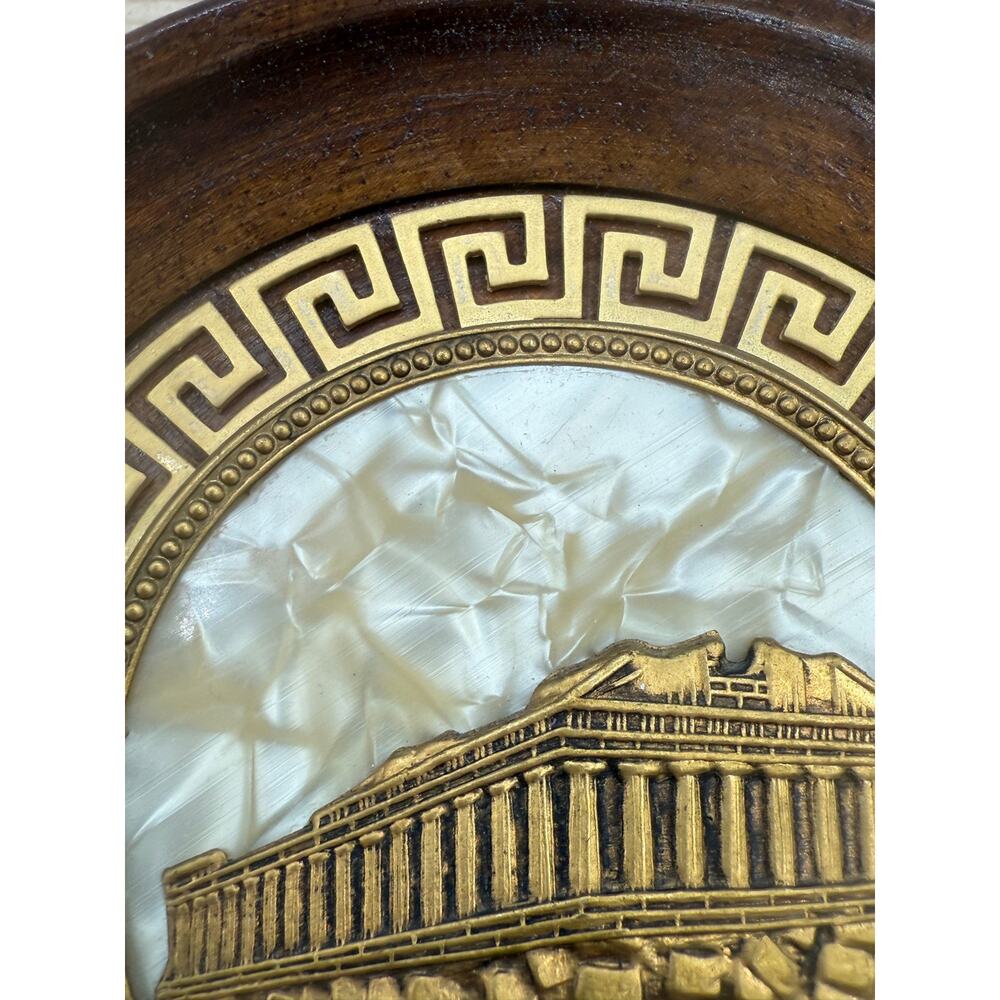Vintage Athens Greece Parthenon Souvenir Brass & Mother of Pearl WoodWall Plaque - Picture 8 of 8